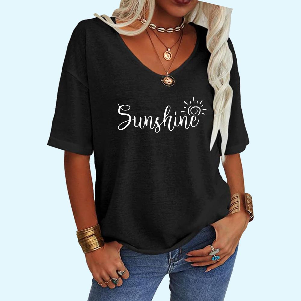 Women Fashion V CollarTee Shirt Summer Casual Letter Print Top Loose Short Sleeve T-shirt