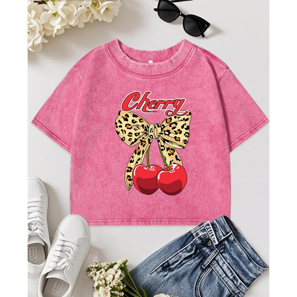 Creative Bow Cherry Print Washed Crop T-Shirts Women Vintage Fitness Clothing Cotton Slim Short Sleeve Crewneck T Shirt