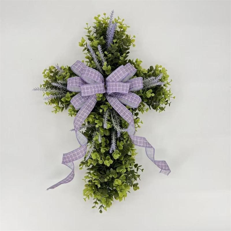 Crossed Shape Easter Wreath with Big Bowknot Plastic Artifical Wreath Hanging Decoration for Door Holiday Decoration
