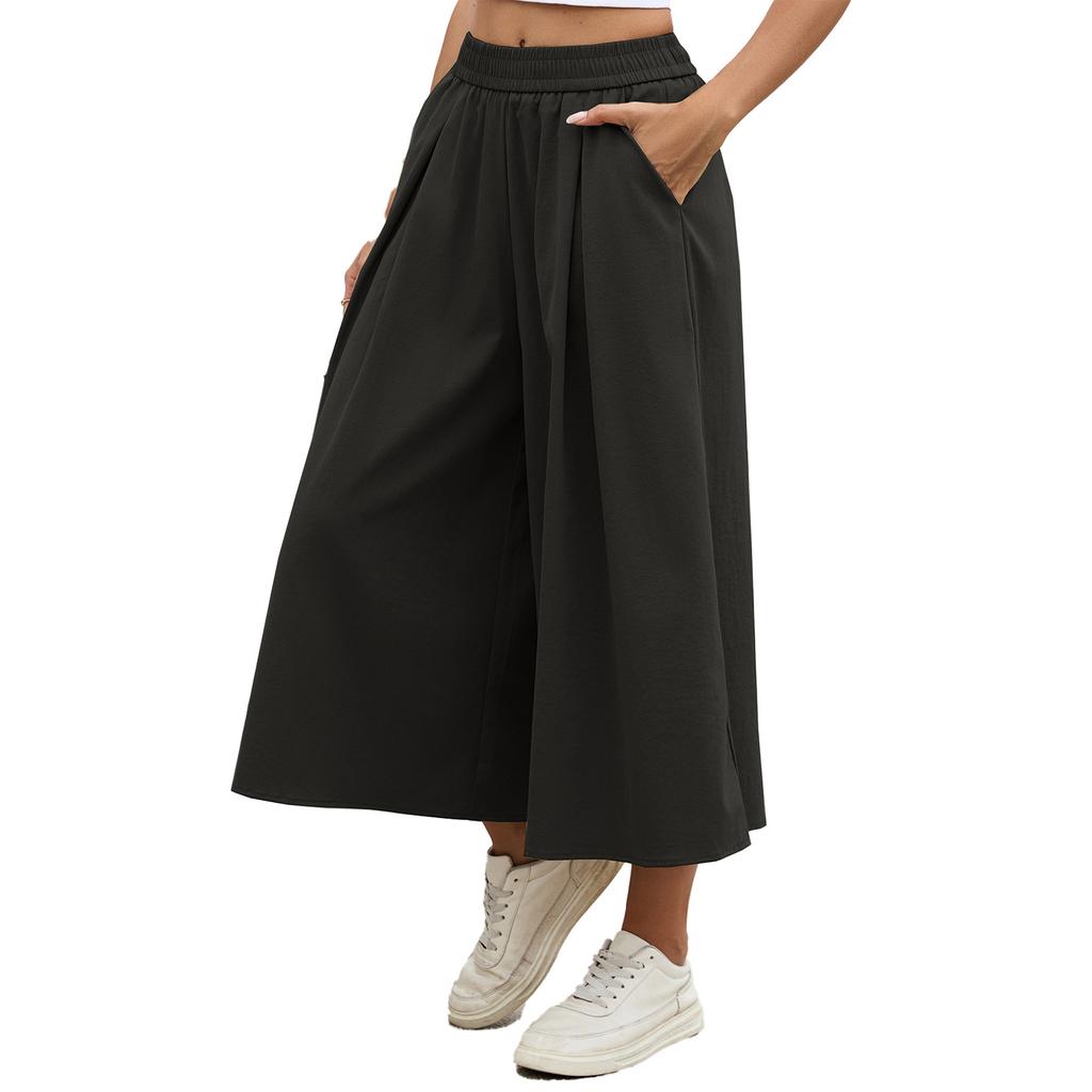 Women's Fashion Color Loose Wide Leg Pants Elastic Waist Pockets High,Waisted Skirt Pants