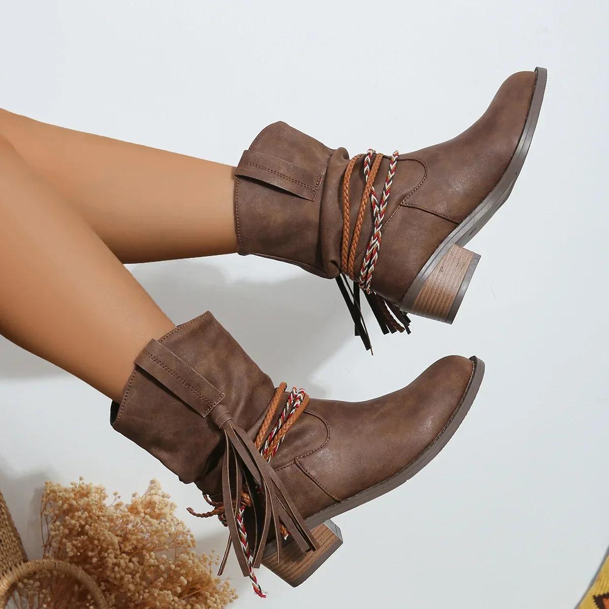 

Boots Women Retro Tassel Autumn Winter Round Toe Denim Ankle Boots Woman Wedge Platform Western Mid Calf Boots 35