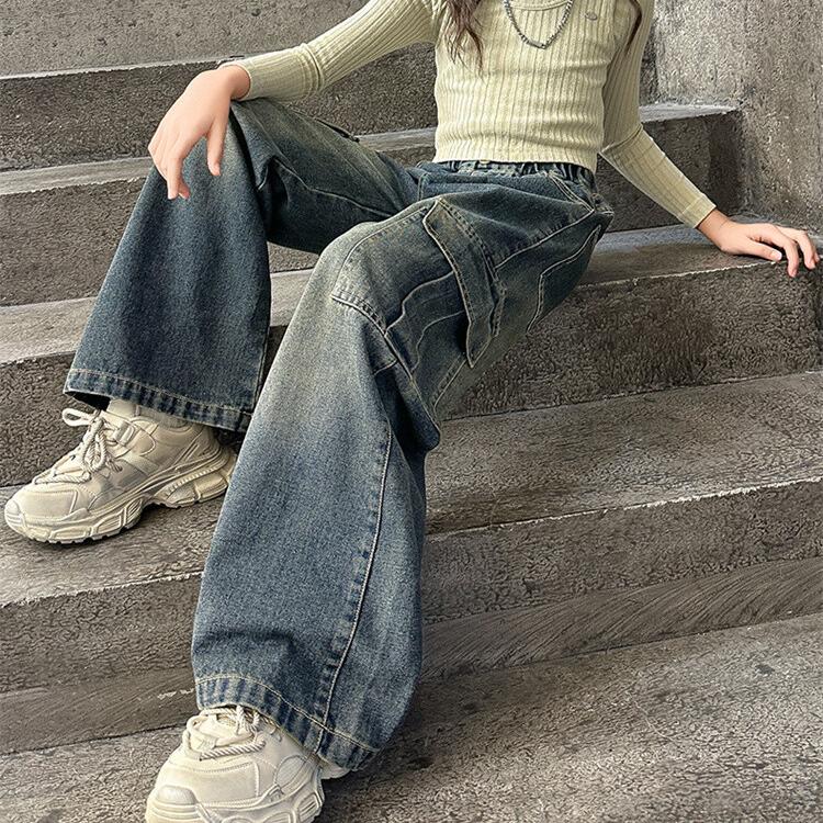 Girls' Pants Spring and Autumn Retro Jean Denim Work Pants Girls' Straight Leg Pants Wide Leg Pants