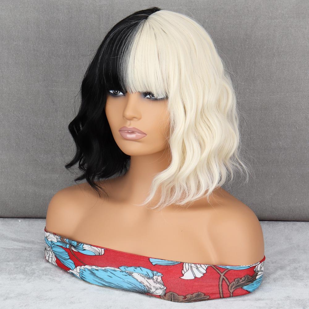 LISI HAIR Women's Short Synthetic Fiber Wig with Bangs Half Black Half White Wig Halloween Party Cosplay Lolita Wig