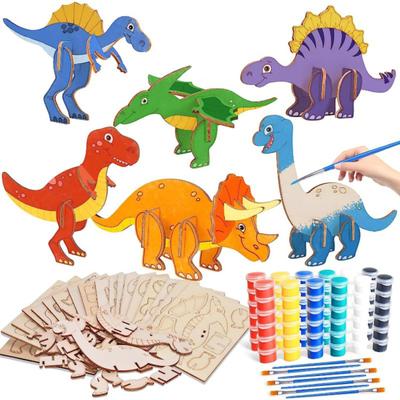 1 Set Wooden Dinosaur Puzzle Toy Kit with 5 Coloring Pens 30 Pigments 6 Wood Dino Jigsaws Assembly Game Educational Toy Boys Girls Gift
