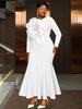 Plus Size Women's White 3D Floral Long Sleeve Mermaid Evening Dress