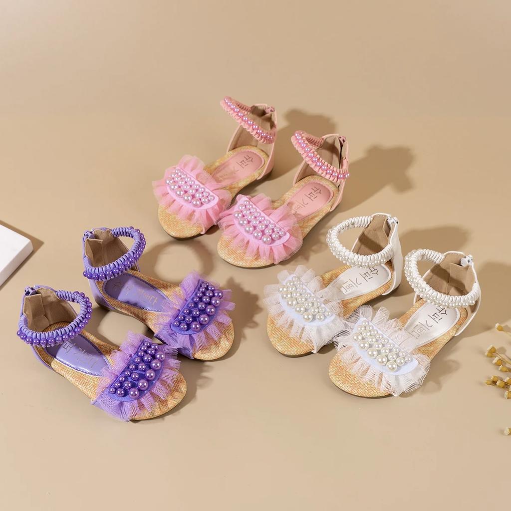 Scarpe Estive Piatte da Bambina con Rete e Perle Sandali Principessa per Bambini con Zip Posteriore Scarpe da Spiaggia per Bambina per Vacanze Suola Morbida Comode