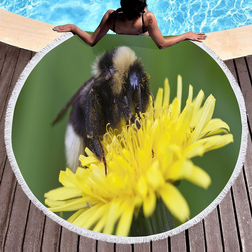 Yellow Bee Round Beach Towel Microfiber Quick Dry Lightweight Cartoon Animal Beach Blanket Throw Roundie Swim Pool Circle Towel