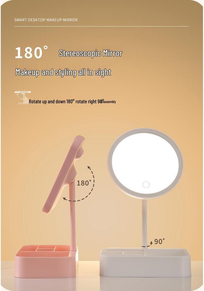 Touch Control LED Makeup Mirror with Three-Color Fill Light and Storage Box