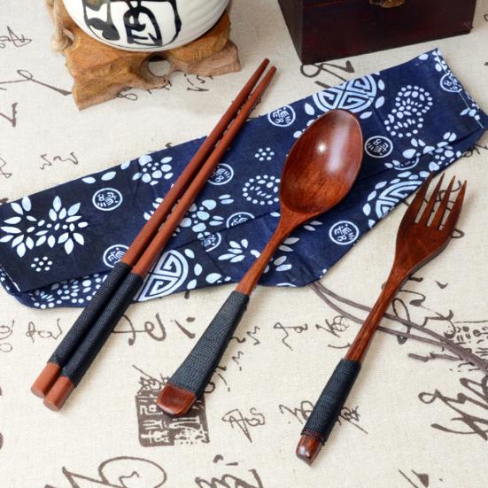 Portable Travel Chinese Style Wood Chopsticks Spoon Fork with Storage Pouch