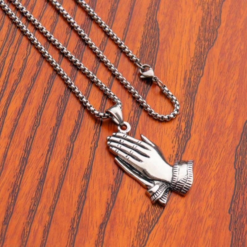 Retro Praying Hands Neckace For Men Hiphop Titanium Steel Chain Trendy Copper Color Palm Clapping Pendant Neck Jewelry Gifts