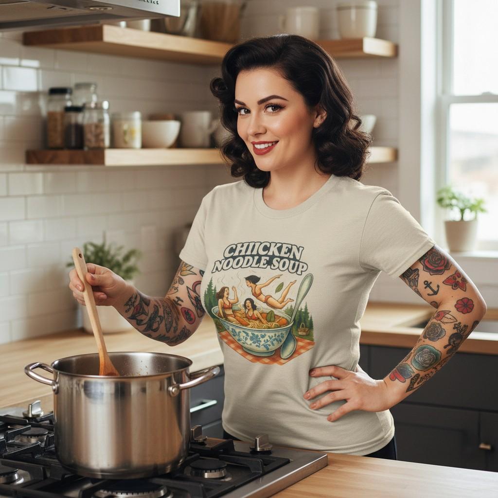 Chicken Noodle Soup Bowl Illustration T-Shirt | Vintage Camp Vibe XL