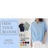 [1/2style] Nibunnoichi Style Blouse, Shirt, Tucked Hem, V-Neck Top, Short Sleeves, Skipper Top, Roll-Up, Office Wear, Women's (Gray, M)