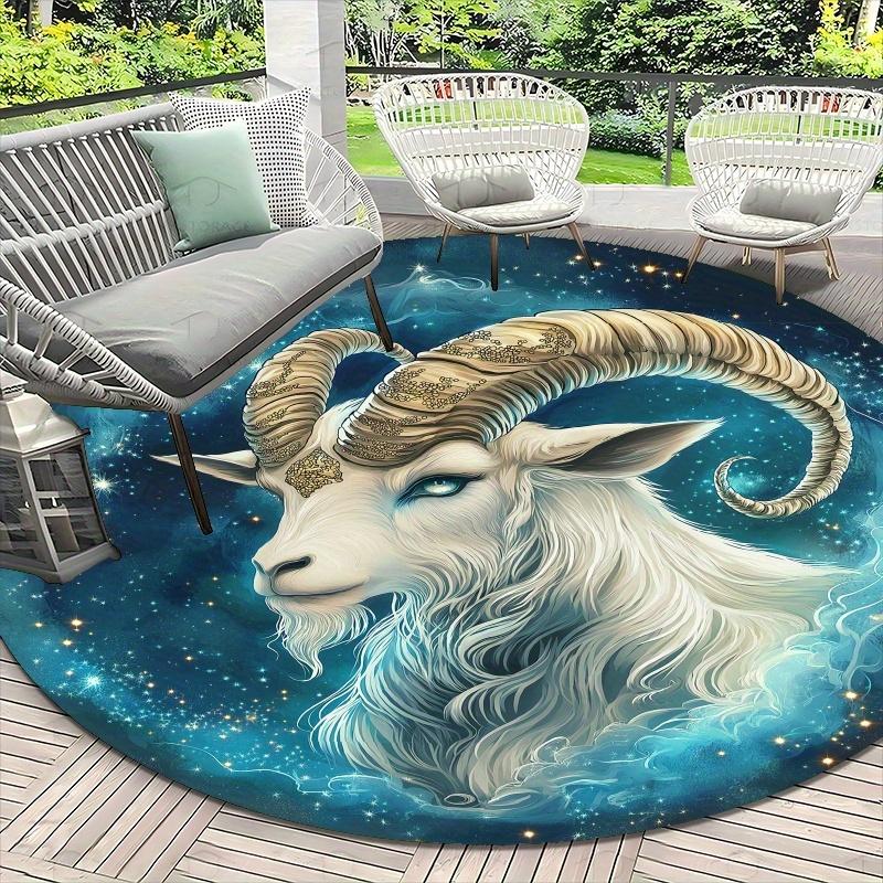 1pc Mystical Capricorn Zodiac Round Floor Mat - Non-Slip Machine Washable Mat with Goat Head  Starry Night Design, Deep Blue