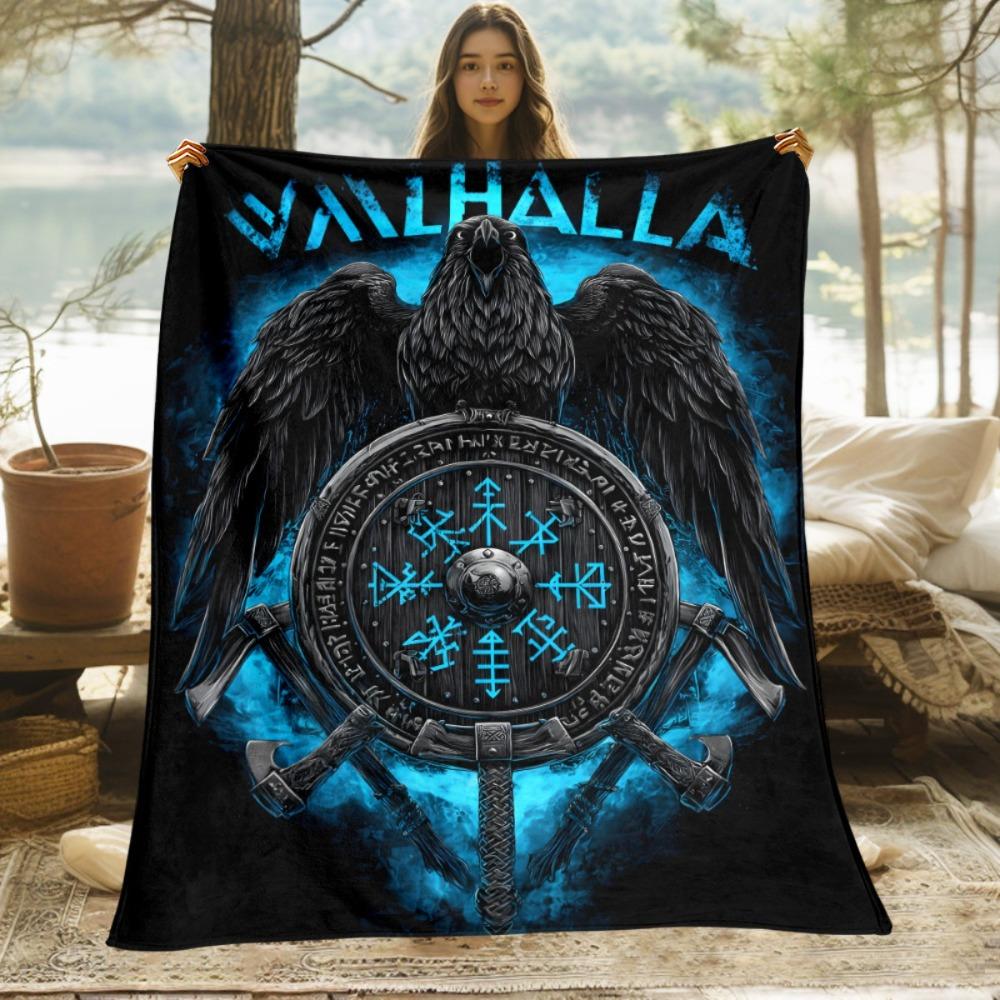 Viking Raven Valhalla Print Throw Blanket - Nordic Rune Mythical Motif Soft Lightweight Accent for Sofa Bed Travel Gift