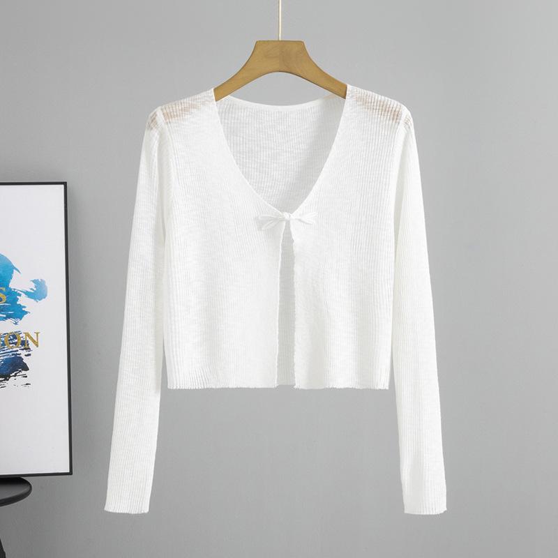 

Женский легкий вязаный кардиган на весну-лето - Тонкий, ажурный дизайн, ледяной шелк, солнцезащитная верхняя одежда One Size белый