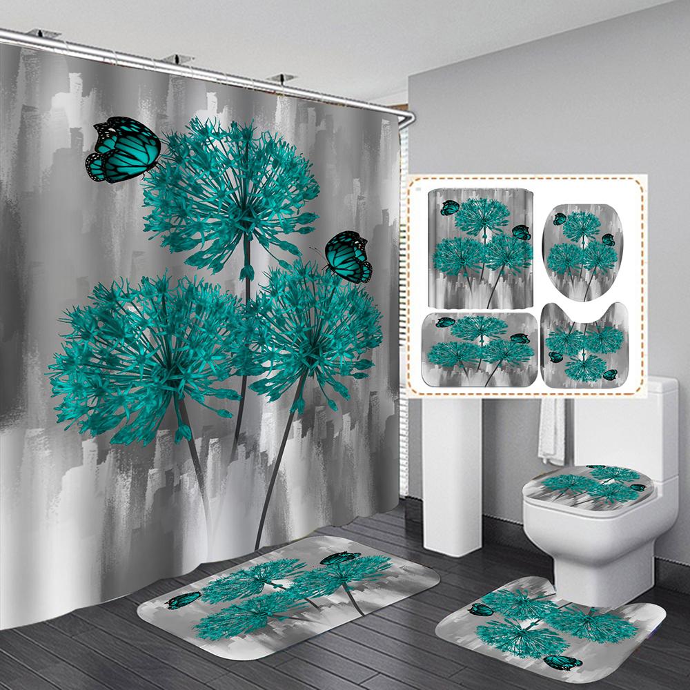 Colorful Flowers Fabric Shower Curtains Bath Mats Rugs Toilet Lid Cover Beautiful Butterfly Flower Bathroom Curtains Set Decor