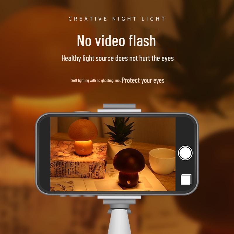 Dimmable Wooden Mushroom Night Light - USB Rechargeable Bedside Lamp with Eye Protection