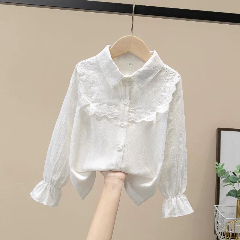 Spring Autumn Cotton Girls Blouses Shirt Long Sleeve Solid White Tops Kids Lapel for School Clothes Children Tops