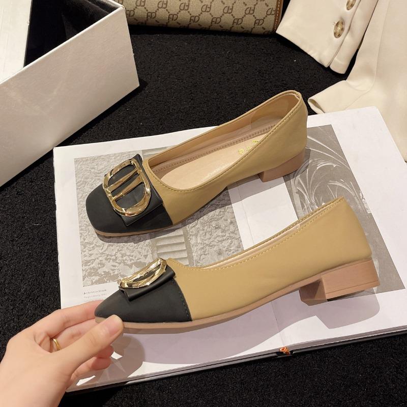 Single shoes women's low-heeled color matching spring and autumn new light-mouth square head low-heeled women's shoes gentle four-season shoes