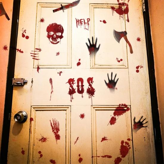 Atmospheric Haunted House Accents Halloween Horror Stickers, with Spooky Handprints Footprints Printed, Creepy Text Decals Self-adhesive Decals,