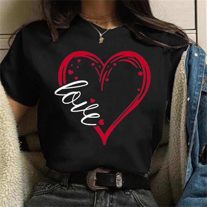 Cute Women's Summer Tee with Love Heart Pattern - Fashion Short Sleeve Top