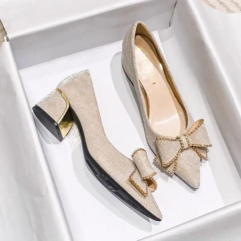 Fashion With Medium Heels Pointed Toe Shoes for Women Woman Pumps Block Heel Bow Chunky Spring Young Genuine Mark Korean Style Casual 39