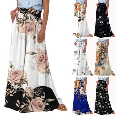 Women High Waisted Wide Leg Pants Summer Casual Flowy Palazzo Pants Floral Print Beach Trousers With Pocket