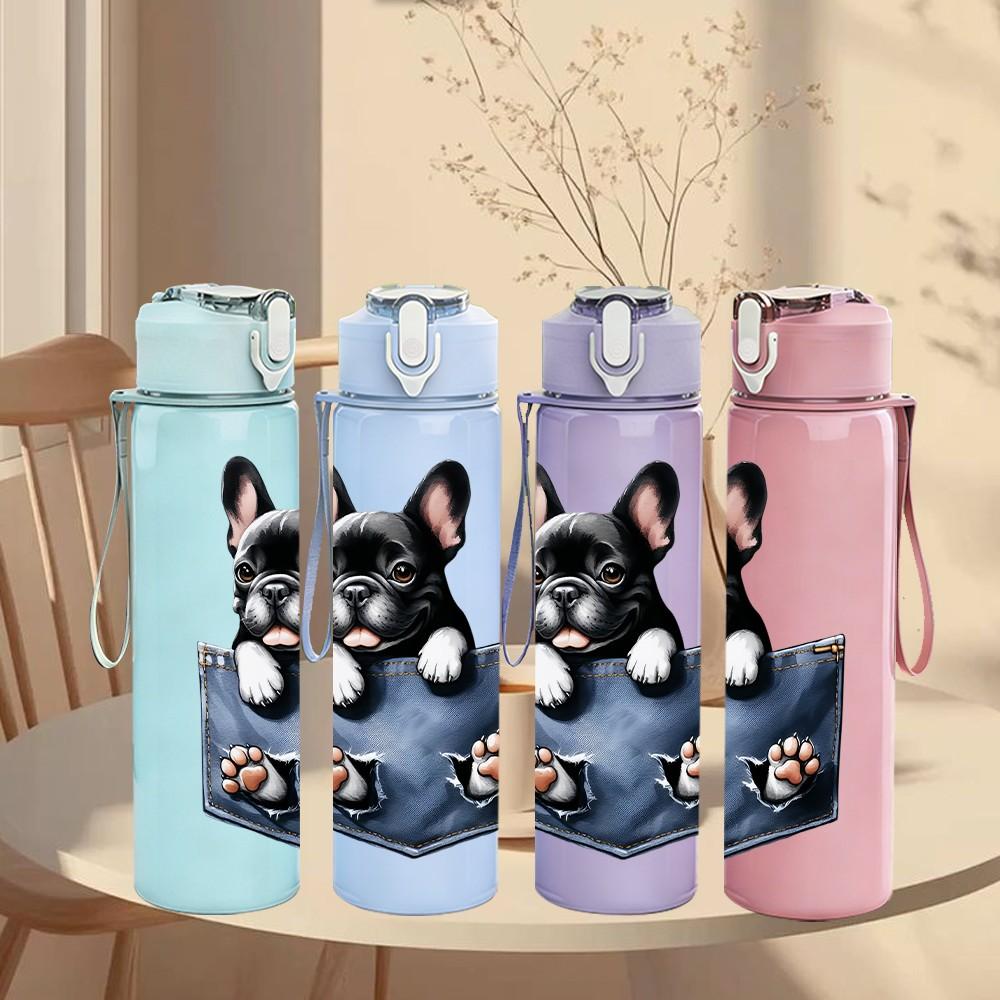 1PC French Bulldog Pocket Print 750ml Color Plastic Sports Water Bottle Leakproof Flip Straw Lid Suitable for Sports Office Home Use