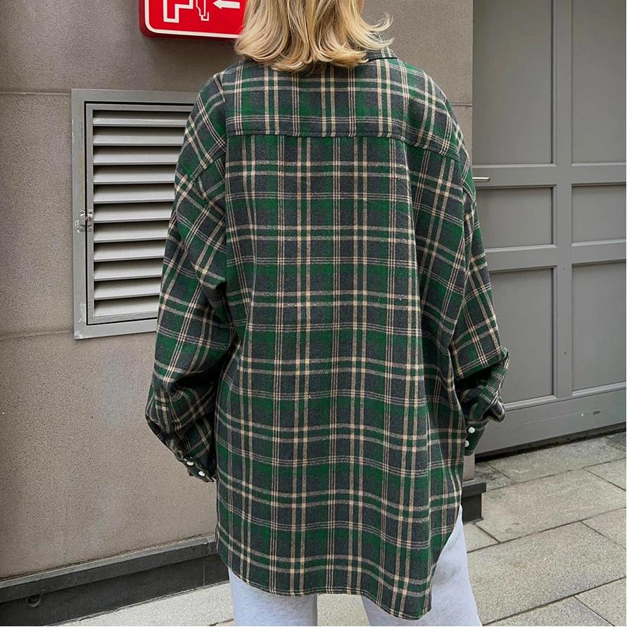 Checkered Shirt Women's Retro Double Pocket Checkered Striped Mid Length Shirt
