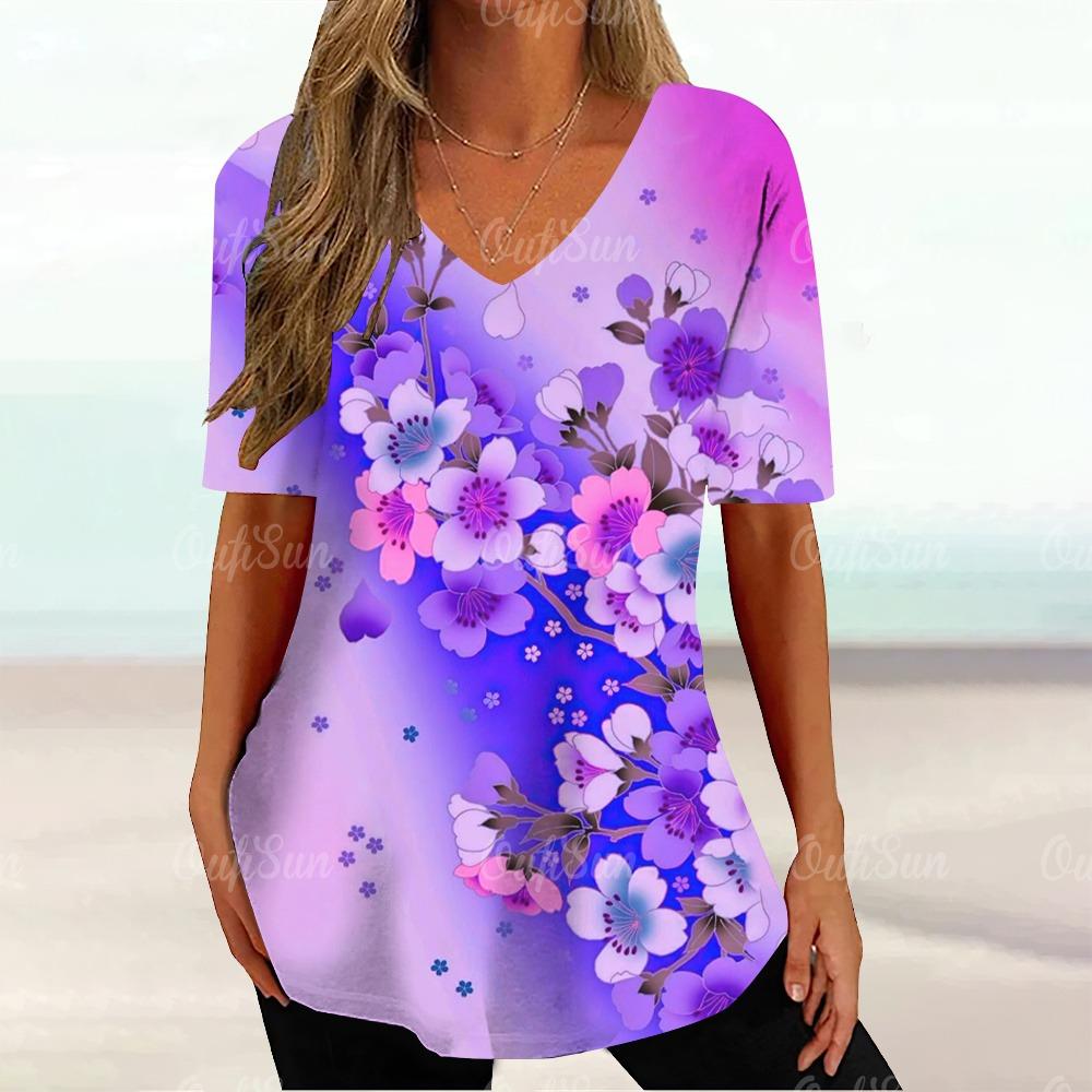 Floral Ladies V-Neck T-Shirt Summer Outdoor Fashion Short Sleeve Top 3D Printing OverSize Ladies Clothing Casual T-Shirt