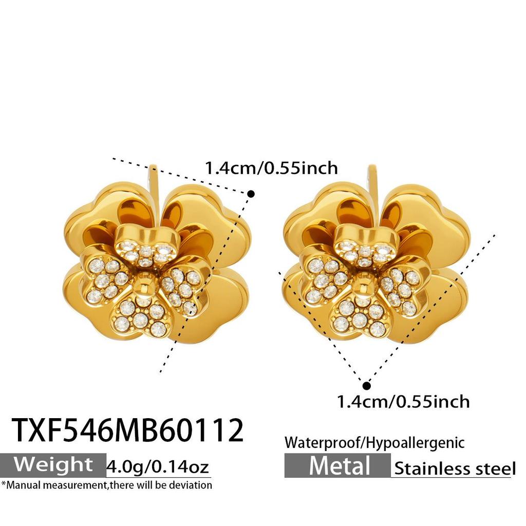 European & American Light Luxury Clover Jewelry Set: Stainless Steel, Zirconia-Embedded, Versatile Necklace, Bracelet, Ring & Earrings for Women.