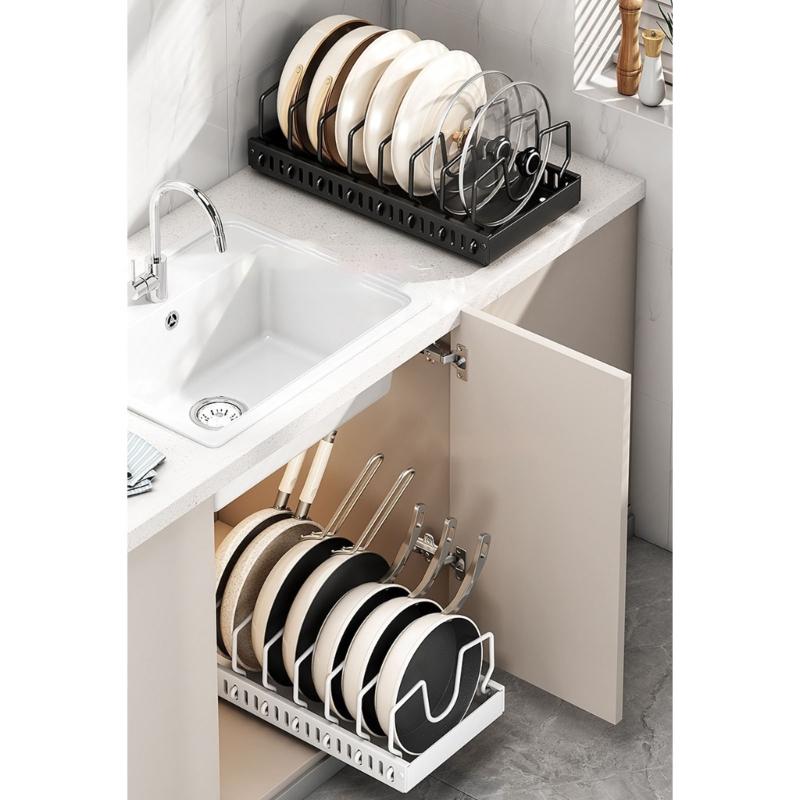 Adjustable Kitchen Cabinet Storage Rack With Slide Out Shelves For Cookware Dishes Spices Metal Construction Tray