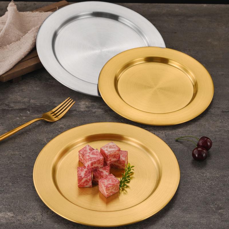 Korean Style Stainless Steel Round Barbecue Grill Plate with Wide Rim and Flat Bottom