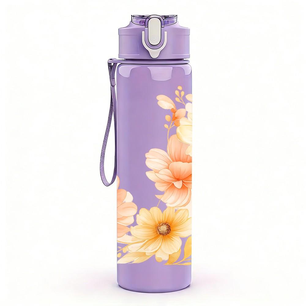 1PC Soft Orange Peony Floral Simple Art 750ml Color Plastic Sports Water Bottle Leakproof Flip Straw Lid Suitable for Sports Office Home Use