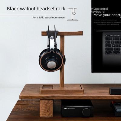 Black Walnut Solid Wood Headphone Stand - Wooden Desktop Headphone Hanger and Display