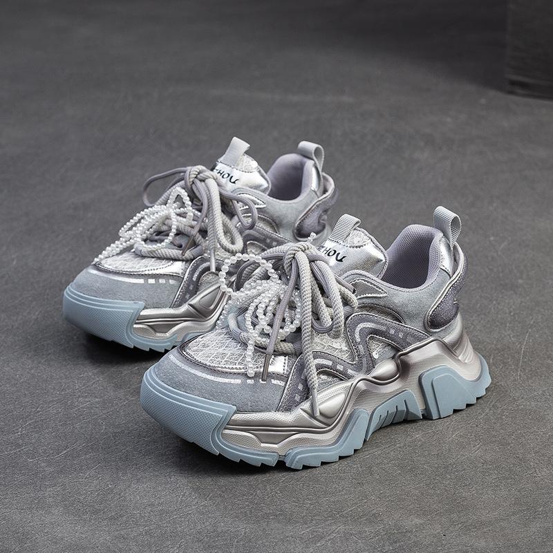 Fashion 5cm Air Mesh Microfiber Pigskin Leather Summer Bling Mixed Color Fsahion Ankle Boots Hollow Chunky Sneaker Women Shoes