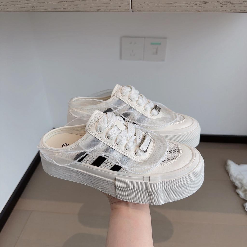 Trend princess style~ a little cool summer ins mesh breathable one pedal little white shoes sandals women's casual half slippers
