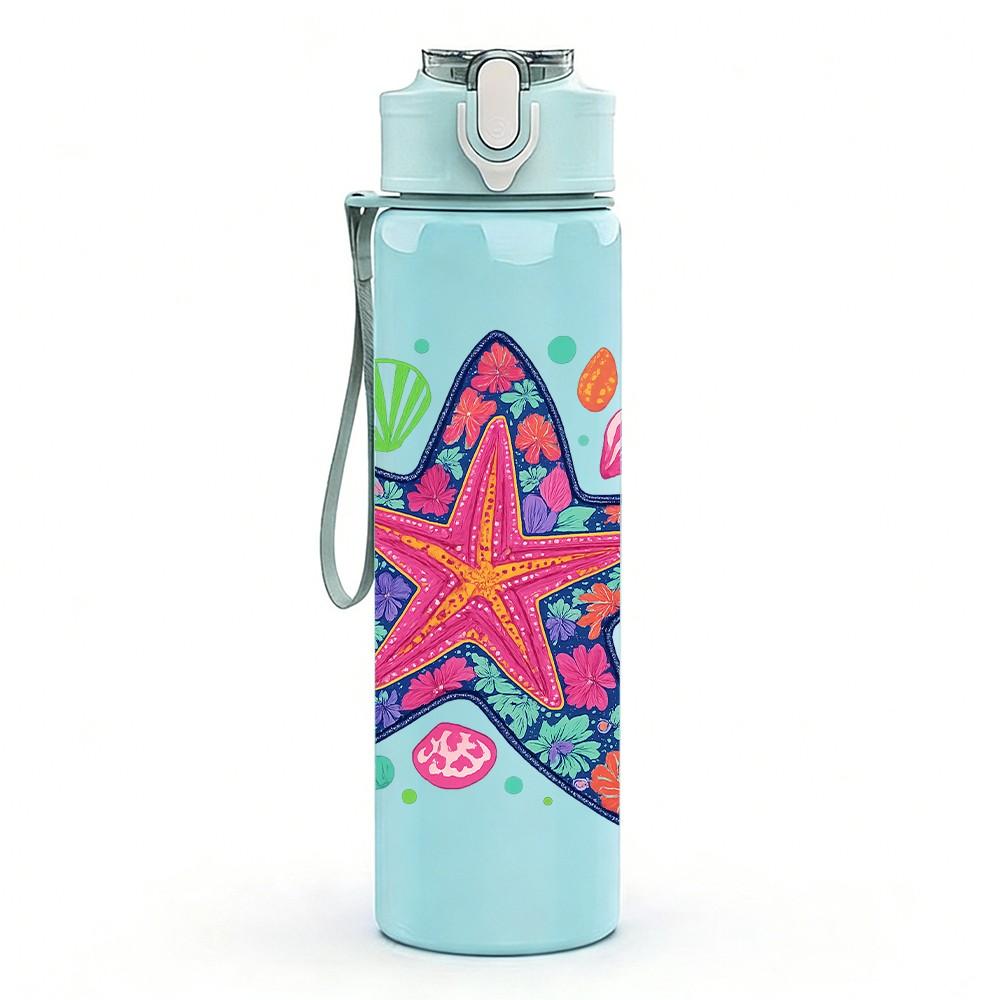 1PC Colorful Pattern Starfish 750ml Color Plastic Sports Water Bottle Leakproof Flip Straw Lid Suitable for Sports Office Home Use