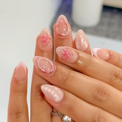 24Pcs Short Almond Press On Nails Nude Acrylic Fake Nails With Blush Pink Flower Design For Women