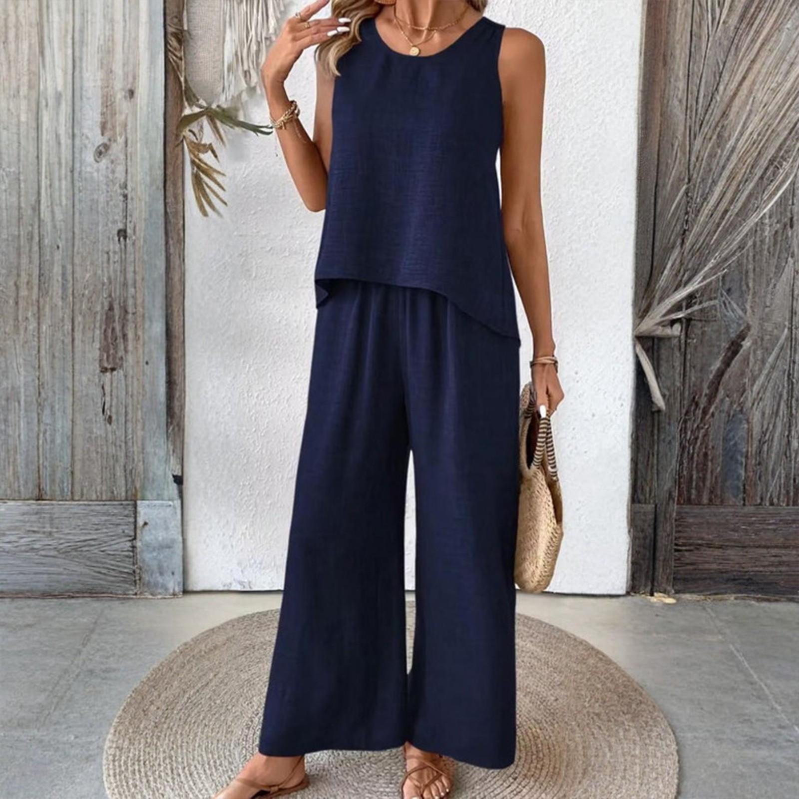 

Женский свободный повседневный летний комплект без рукавов с однотонным кружевом и ажурной спинкой L тёмно-синий