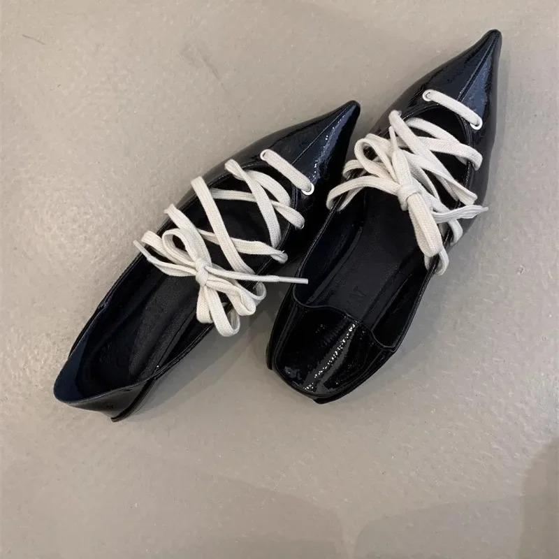 Two-Way Wear Sharp Head Bright Leather Shoelace French Retro Slip-On Small Single Shoes Spring Autumn Season Ladies Casual Shoes