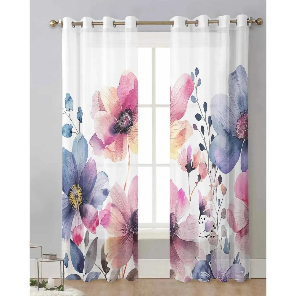 Watercolour Leaves Plants Flowers Butterflies Translucent Drapes Living Room Window Opening Clear Voile Tulle Drape Curtains Home Decor