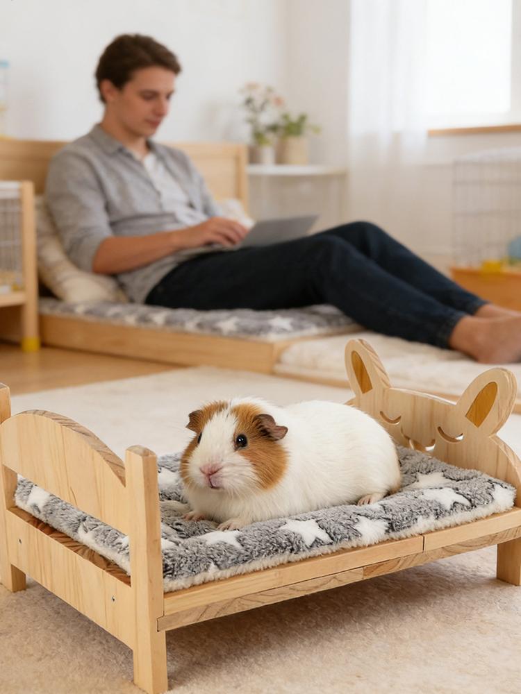 Ferret Bed Cartoon Tiny Pet Habitat with Soft Mat Wooden Detachable Bunny Hedgehog Bed Kitten Hamster Glider Squirrel Cage