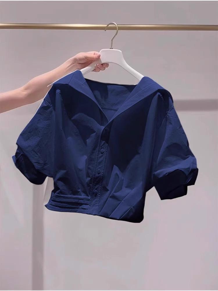2025 Chic Navy Blue Turn-Down Collar Puff Sleeve Age-Reducing Women's Shirt