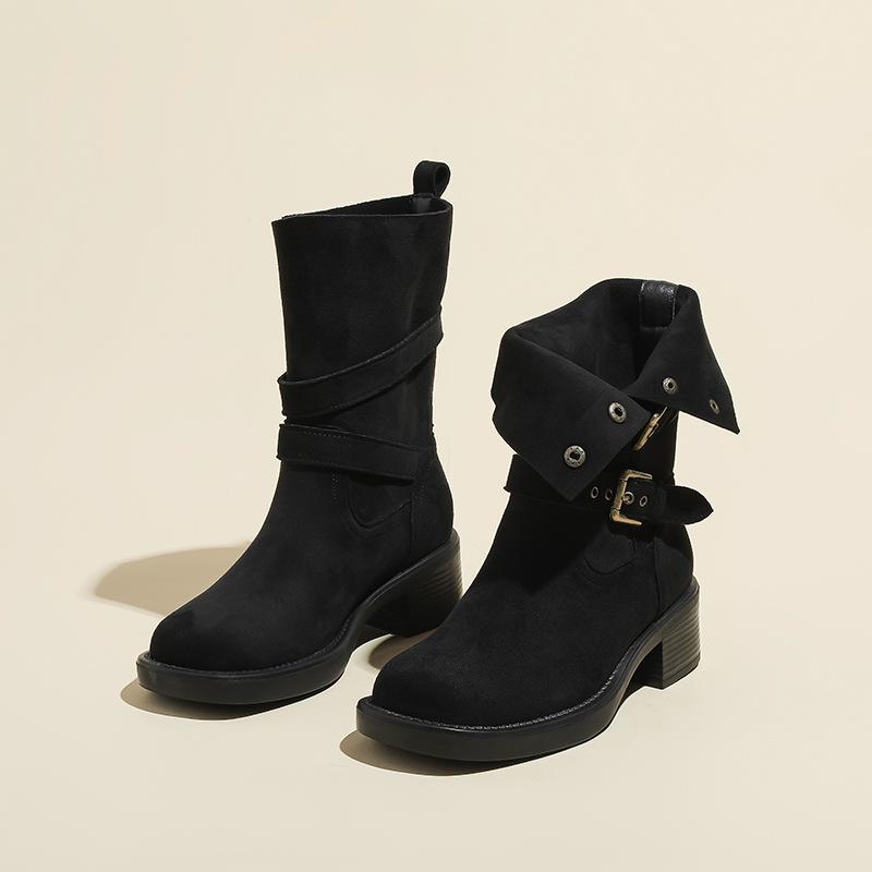 

Vintage Maillard Martin Boots Women s Autumn But Knee Two Wear Fold Western Cowboy Boots Thick Heel Thick Sole Medium Boots 35 чёрный