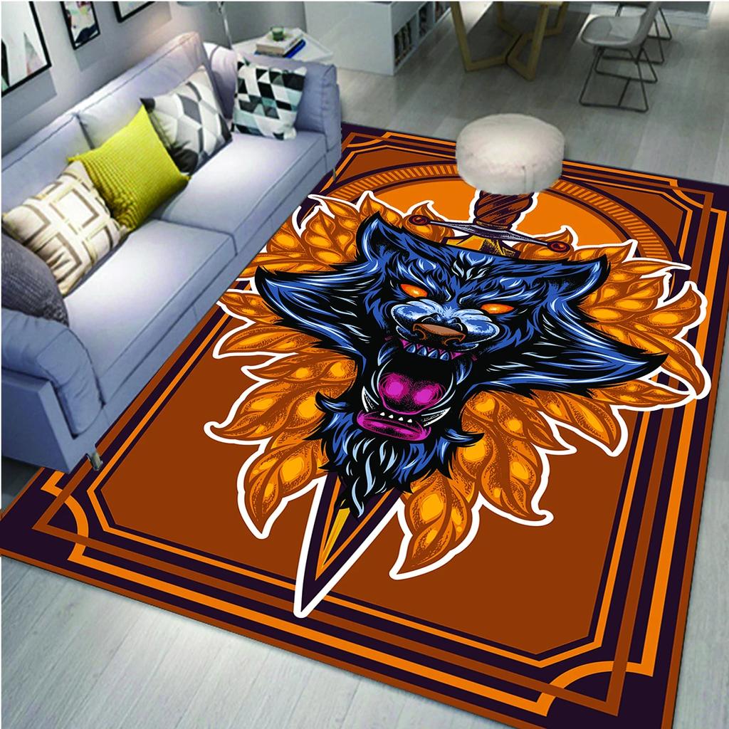 Wolf Carpet Bohemian Mandala Flower Area Rug for Living Room Bathroom Laundry Room Decor Wild Animal Doormat Non-Slip Floor Mat