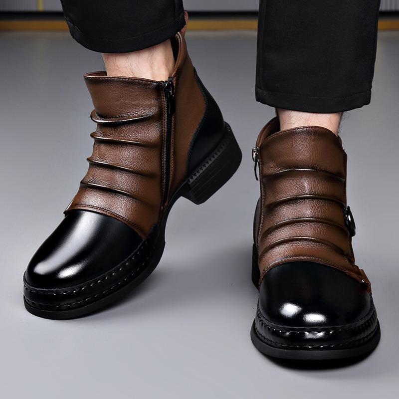 Módní pánské boty z pravé kůže Módní motocyklové boty Zimní plyšové teplé bavlněné boty Pánské Chelsea boty Retro britské kotníkové boty