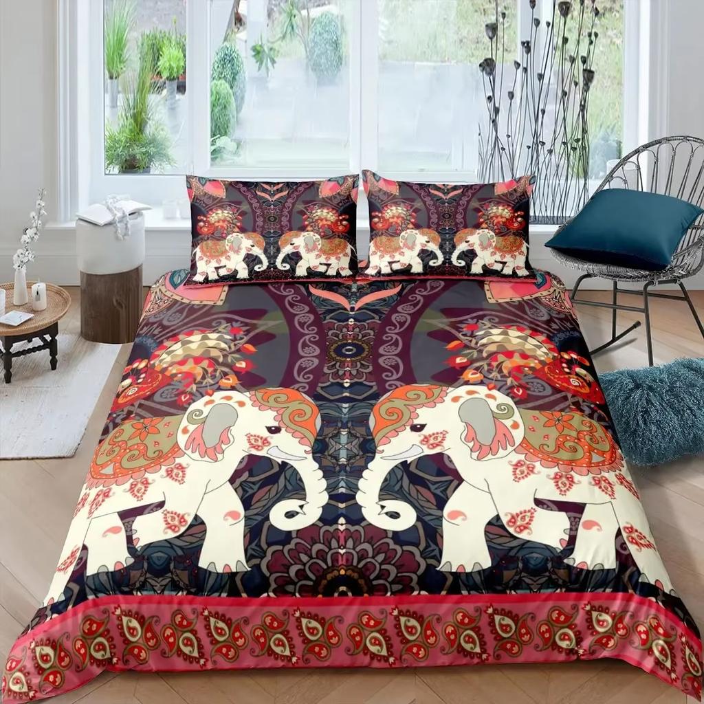 Elephant Duvet Cover Set Boho Vintage Luxury Bedding Colorful Exotic Quilt Covers Tribal Ethnic Home Room Decor Comforter Cover