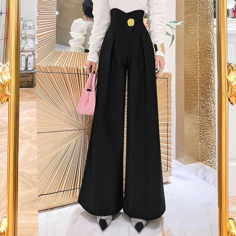 Stylish Spring Autumn High Waist Pants Folds Female Clothing Three-dimensional Decoration Basic Spliced Wide Leg Waist Trousers