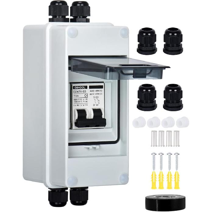 DIHOOL AC DC Circuit Breaker with IP65 Din Box for Solar Systems, 30 Amp 2 Pole 12V-400V, Non Polarized, Solar Panel Disconnect Switch, PV Array Shut